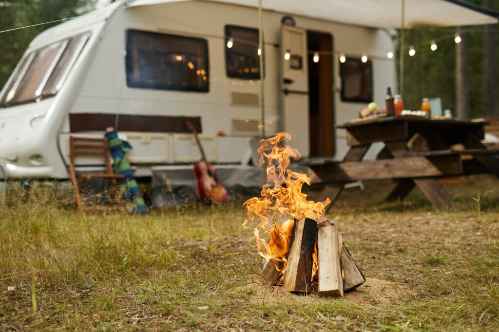 RV Camping Site with Bonfire